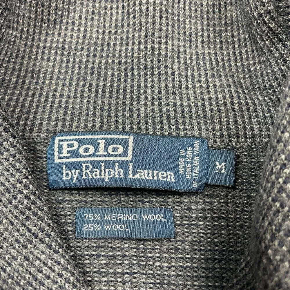 Vintage Polo Ralph Lauren Sweater Mens Medium Gray Merino Wool Shawl Neck Golf